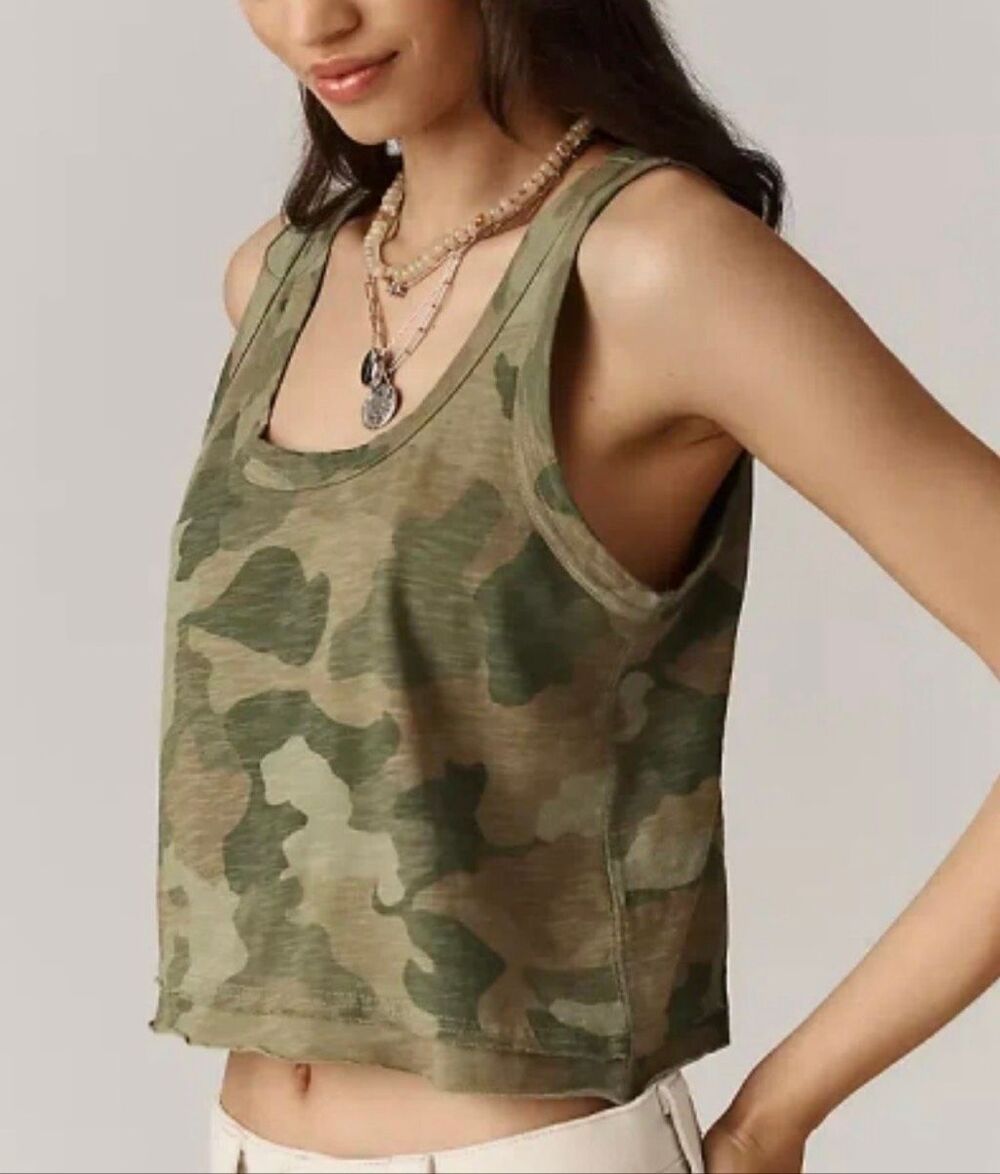 PILCRO Kacey Cotton Slub Scoop Neck Crop Tank green Camo large NEW